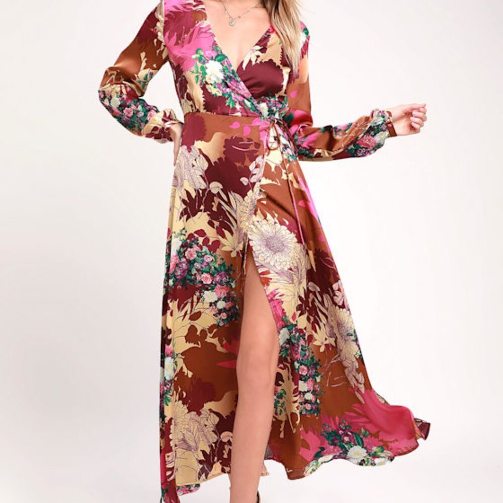 Lulus Put On A Smile Burgundy Floral Print Satin Wrap Maxi Dress Purple - Size M